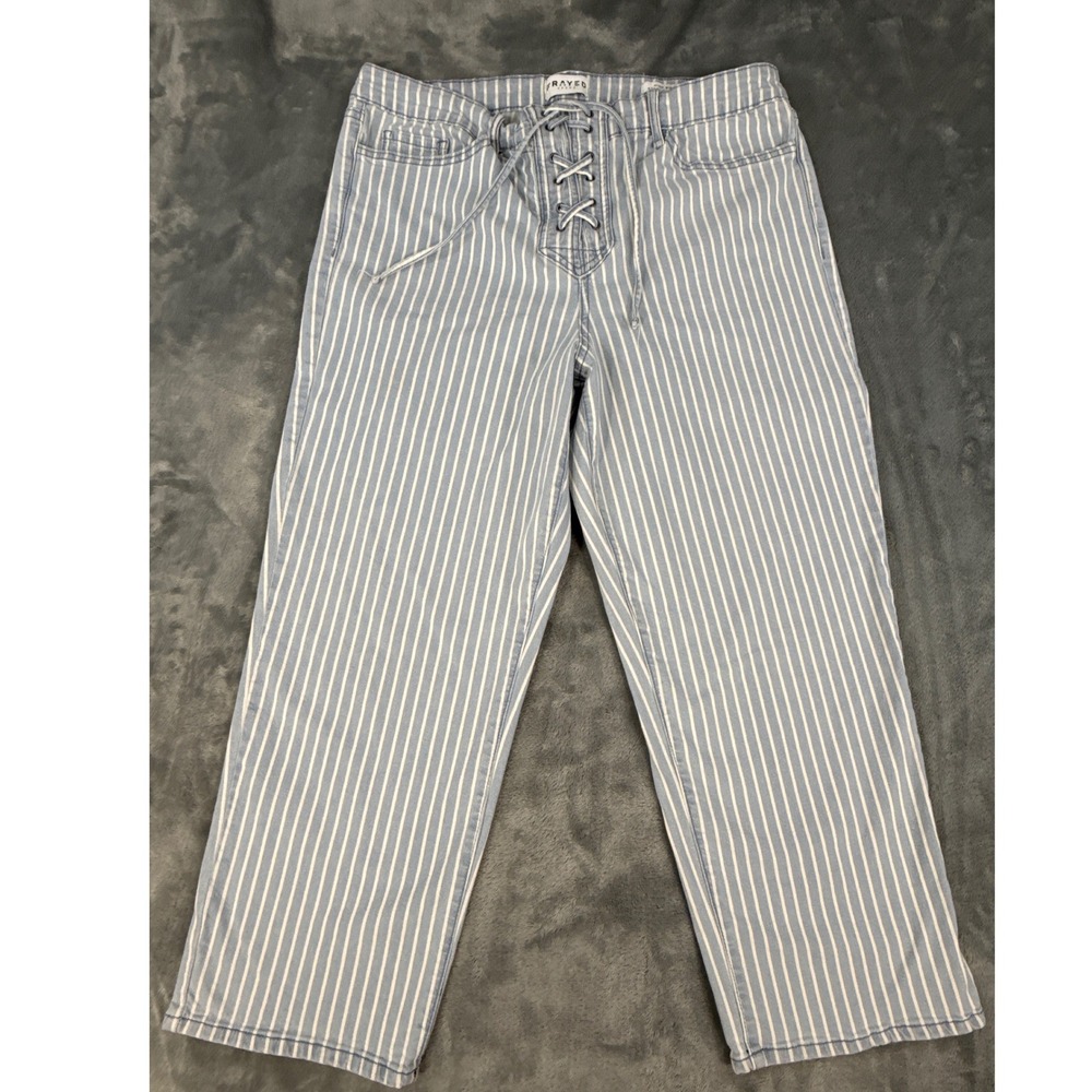 Frayed Jeans Womens 16 Blue White Striped Lace Up High Rise Straight Crop Pants